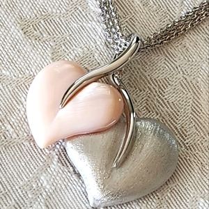 Vintage HONORA 925 Sterling Silver Pink Mother-of-Pearl Double Heart Necklace!